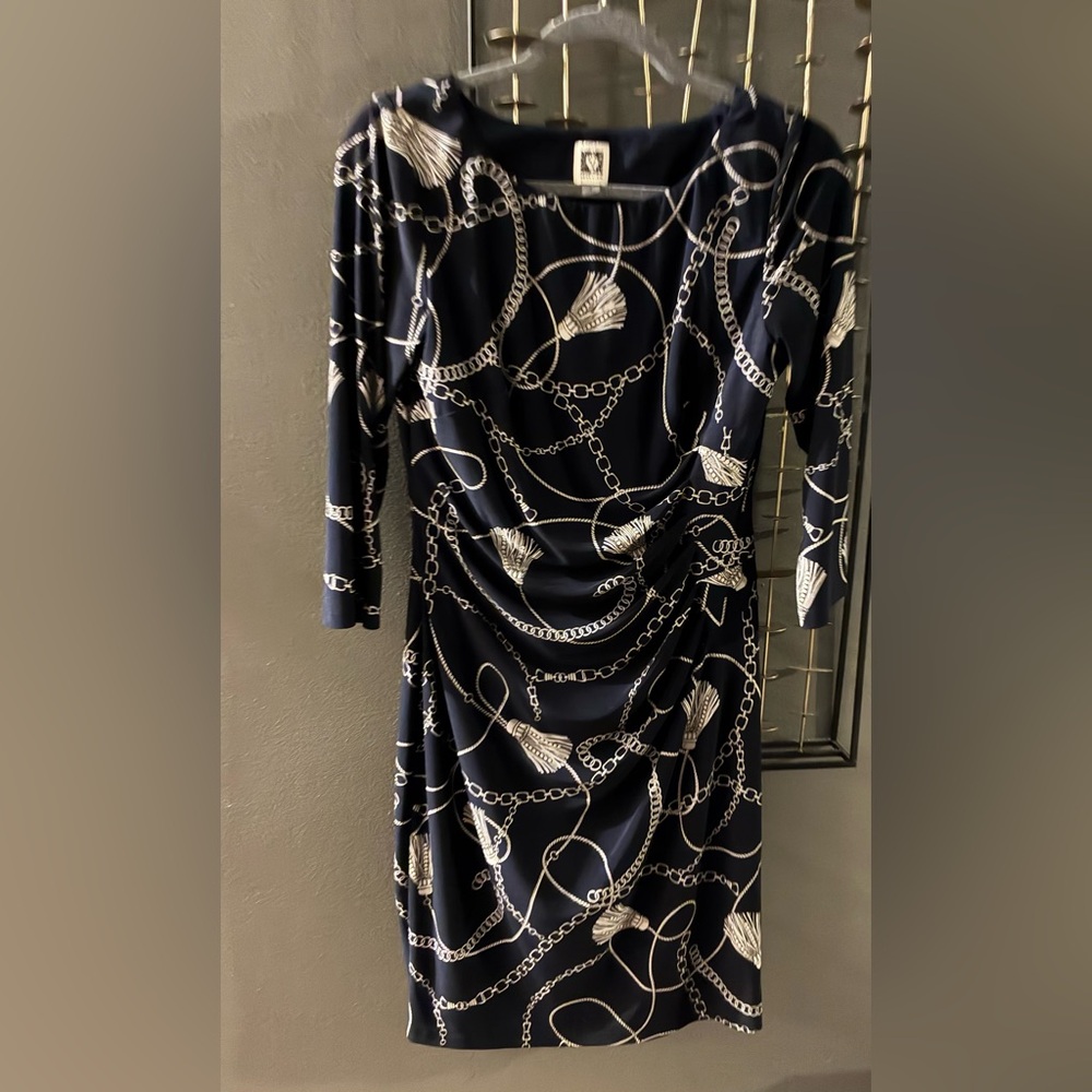 Anne Klein Navy Long-Sleeve Chain Print Draped Dress